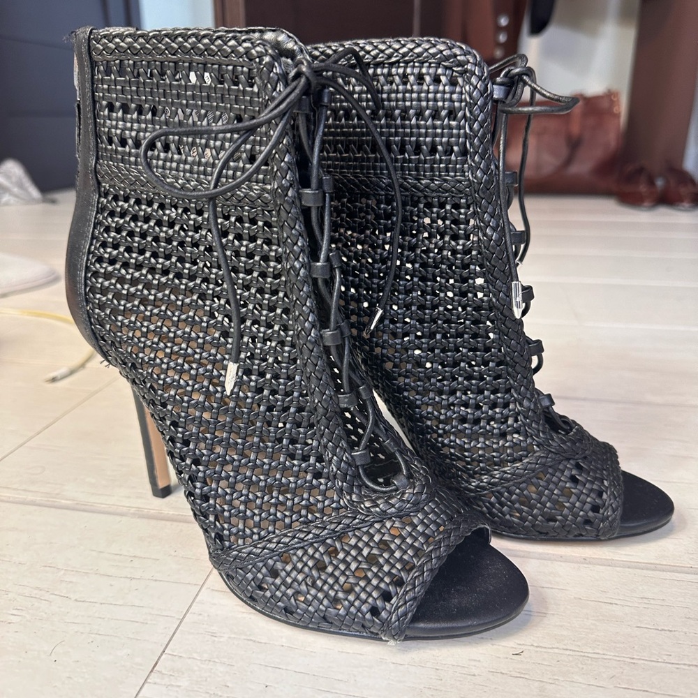 Sam Edelman Black Woven Lace-Up Heels - Picture 5 of 8